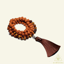 Cargar imagen en el visor de la galería, Japa Mala -Rudraksha & Ojo de Tigre- 108 Cuentas anudadas