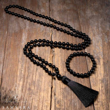 Cargar imagen en el visor de la galería, Set Protector Ónix Negro - Colgante anudado & Pulsera de piedras naturales - 108 cuentas
