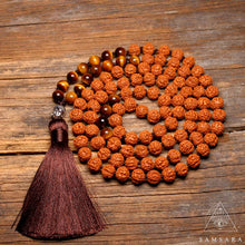 Cargar imagen en el visor de la galería, Japa Mala -Rudraksha & Ojo de Tigre- 108 Cuentas anudadas